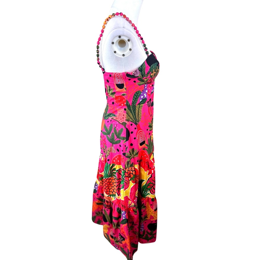 Farm Rio SZ XS Leopards Pop Tropical Jungle Maxi Dress Pink Multi Tiered Beaded - Picture 5 of 16